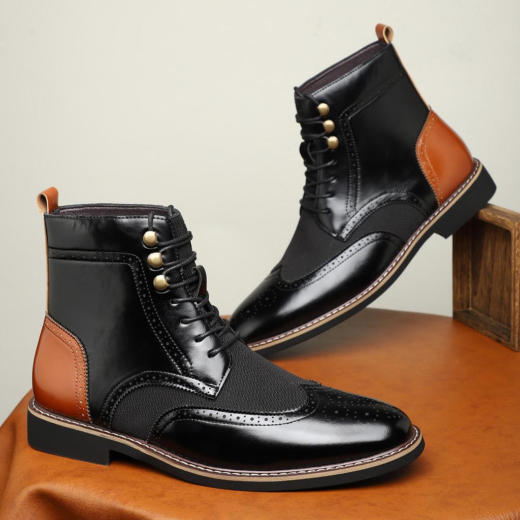 New British Style Men's High-top Color Matching Leather Shoes Business Casual Short Boots Fashion Retro Pointed Low-heeled Martin Boots