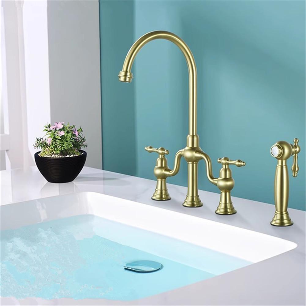 Tuqiu Brushed Gold Kitchen Faucet with Hand shower Head Black Pot Filler Tap Deck Mounted Hot Cold  Black Sink Tap Spout  Brass
