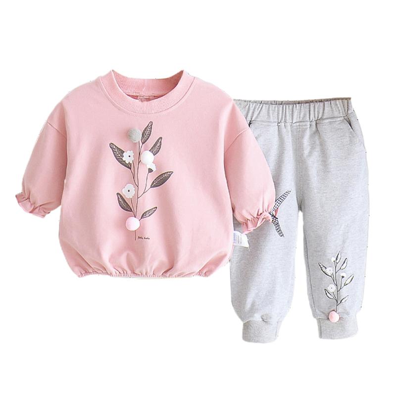 2pcs Baby Girls Tracksuit Set Leaves Cartoon Printing Long-sleeved Round Neck Shirt Trousers Suit