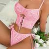 Sexy Floral Embroidery Hollow Out Bra Lace Up Thong Flower Ribbon Erotica Set