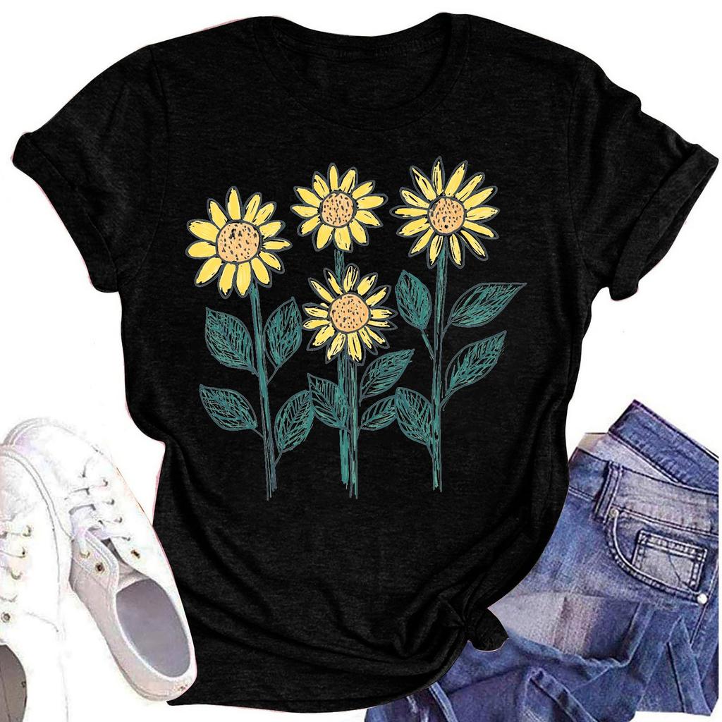 Женская повседневная футболка с круглым вырезом и цветочным принтом, короткий рукав