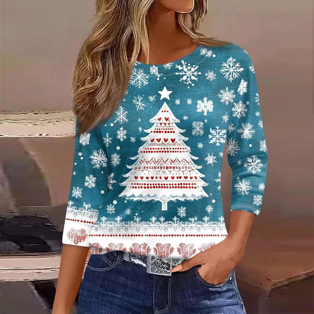 Женская футболка с рождественским принтом, рукав 3/4, повседневная, модная, на выходные, базовая, с круглым вырезом, стандартный топ