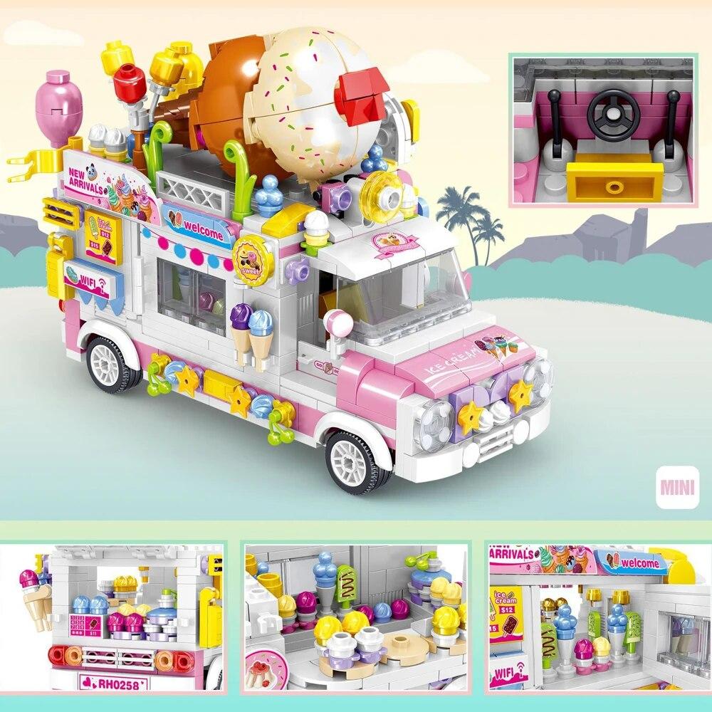 Строительные блоки для девочек-друзей, мороженое, бургер, суши, фруктовый десерт, тележка, модель, кирпичи, город, автомобиль для отдыха, автомобиль для кемпинга, детские игрушки
