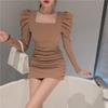 Women's Autumn Waist Pleated Slim Long Sleeve Bottom Skirt Puff Sleeve Square Collar Hip Skirt