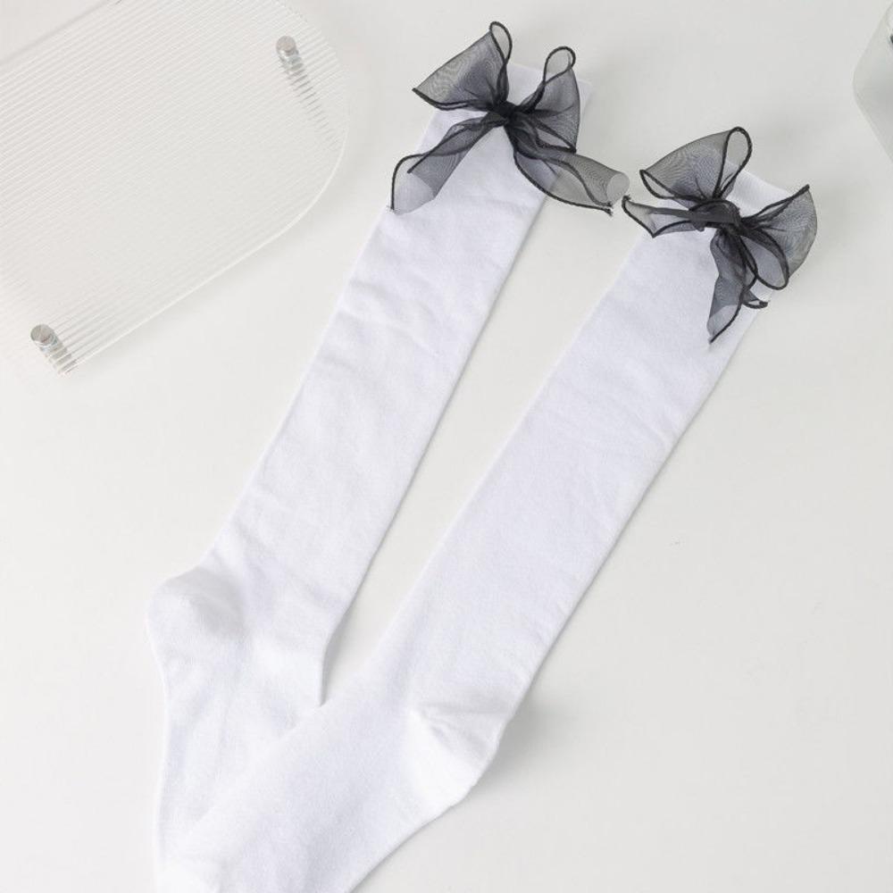 Bow Tube Socks Women's Spring and Autumn Black and White JK Lolita Calf Socks Japanese Girls College Style Knee Socks