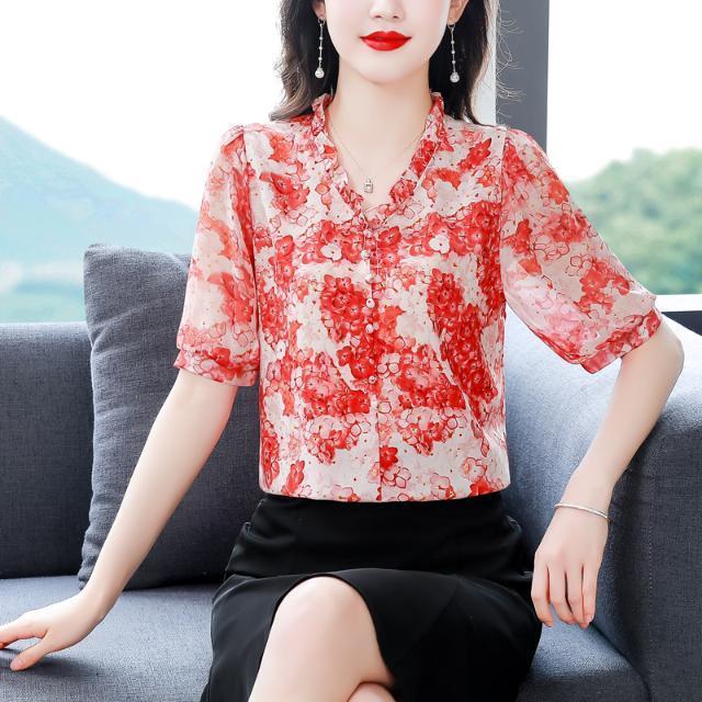 Шифоновая рубашка с цветочным принтом для мамы, новая летняя блузка с короткими рукавами, женская модная блузка с v-образным вырезом и принтом, M-4XL