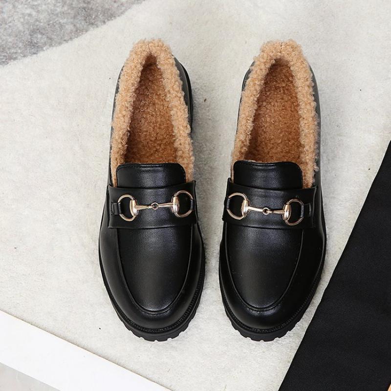 British Style Small Leather Shoes with Fleece Lining for Warmth 2025 Winter New Style French Bow Thick-soled Loafers for Women