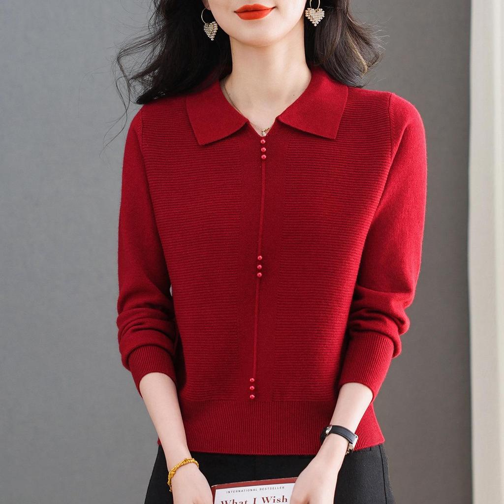 Модная однотонная женская вязаная рубашка-поло с длинным рукавом 2025