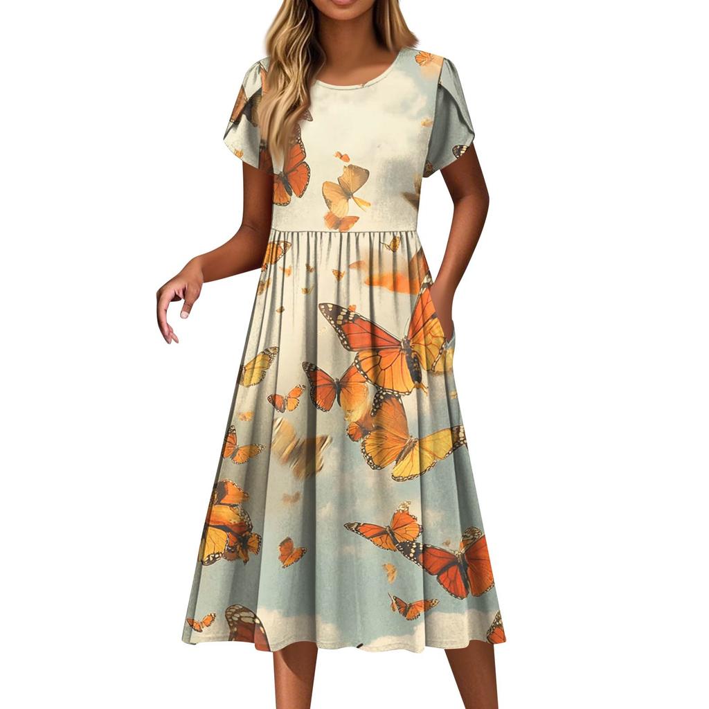 Women's Fashion Casual Loose Printed Round Neck Pocket Short Sleeve Dresses