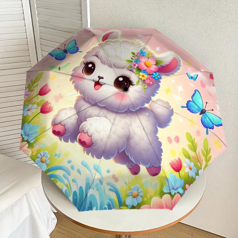 1pc Cute Alpaca with Flowers and Butterflies Umbrella with Plastic Handle,Suitable for All Seasons Home Travel Outdoor UmbrellaDD523