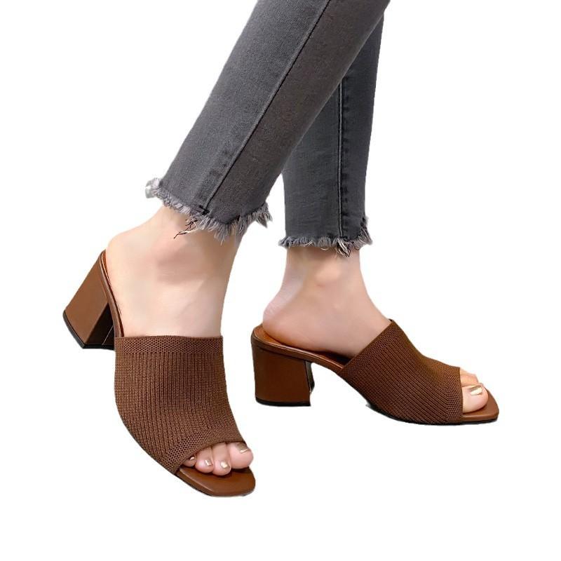 Туфли на высоком каблуке женские летние 2025 новые плетеные верхние изделия одно слово мода женские классные тапочки мода