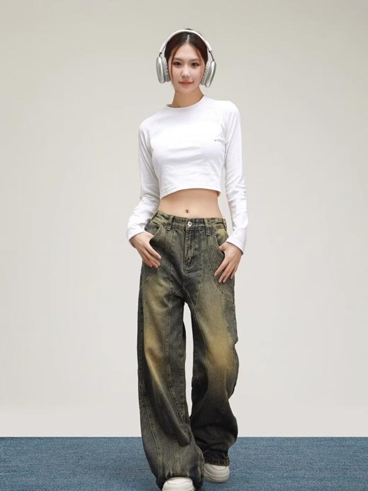 Винтажные джинсы желтого цвета грязи с высокой талией, женские прямые мешковатые джинсовые брюки в стиле ретро 90-х годов, женские уличные брюки Y2k, повседневные широкие брюки