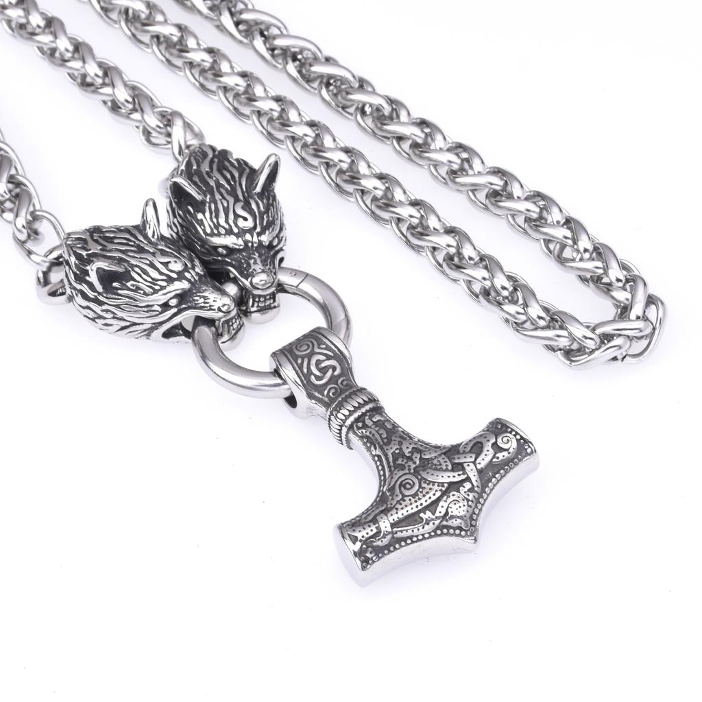 European And American Viking Stainless Steel Wolf Head Thor 'S Hammer Pendant Necklace Men 'S Stainless Steel Necklace Jewelry