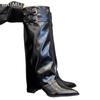 Острый носок женские высокие сапоги сексуальные толстые каблуки средней высоты до колена модные зимние дизайнерские туфли-лодочки готические мотоциклетные ботинки женские