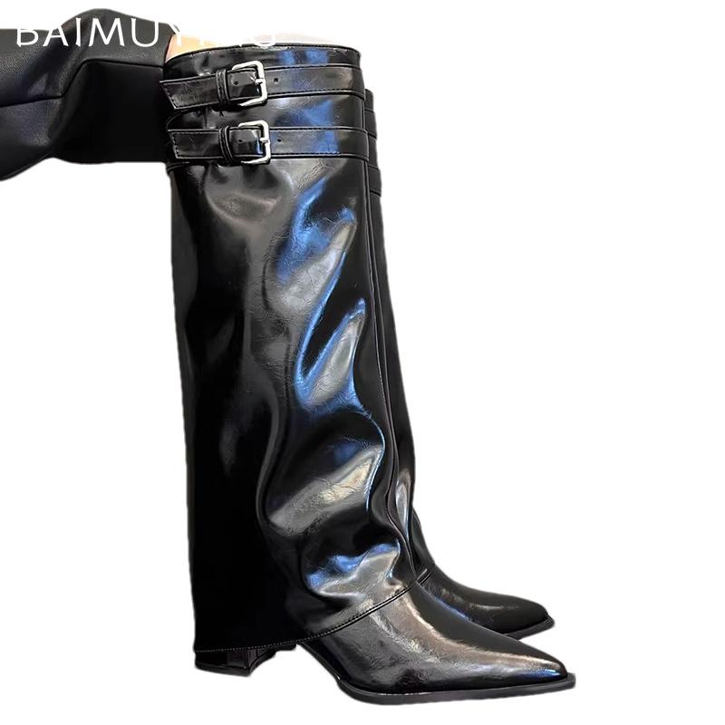 Острый носок женские высокие сапоги сексуальные толстые каблуки средней высоты до колена модные зимние дизайнерские туфли-лодочки готические мотоциклетные ботинки женские