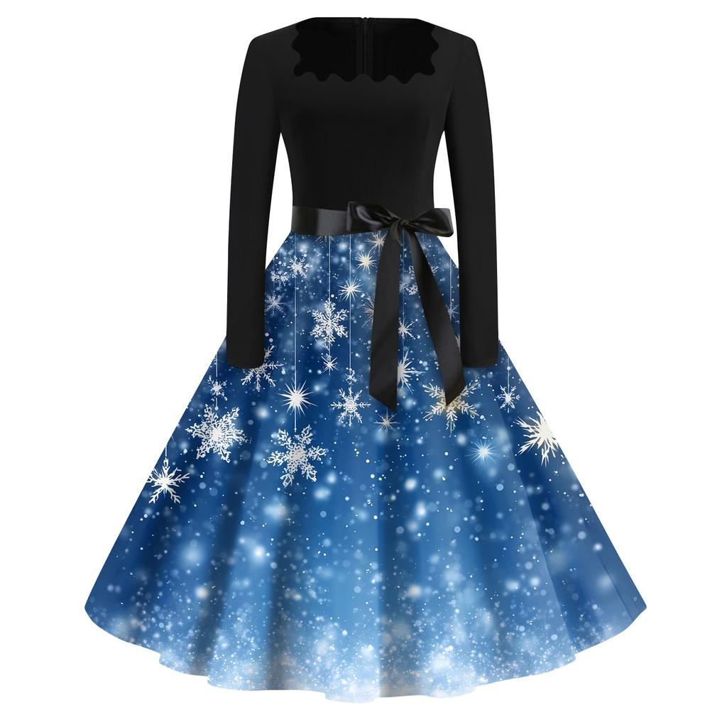 Christmas Print Flare Dress For Women Long Sleeve Dress Hollow Party Casual Square Collar Dresses