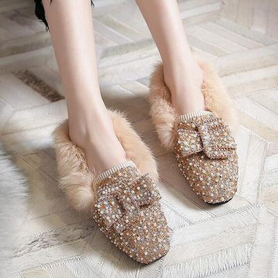 Модные корейские балетки из пушистого кроличьего меха для женщин с блестящим бантом, мокасины с мехом, женские теплые лоферы из овчины, обувь для босиком, зимняя