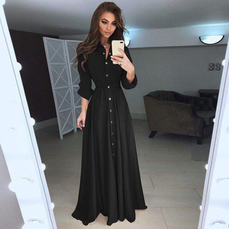 Sleeve Long Women Button Dowm Maxi Dress Evening Party Casual Dress Shirt