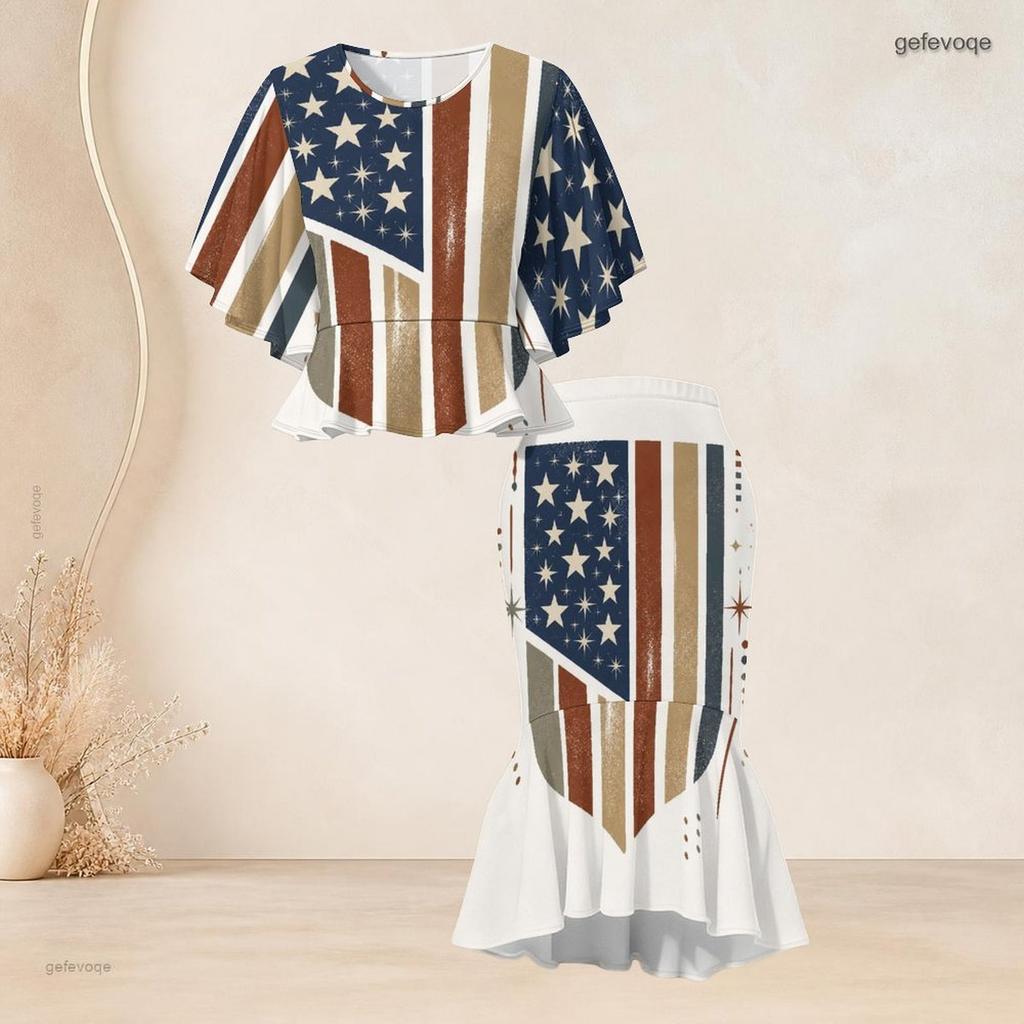 Women Plus Size Two Piece Set Crew Neck Batwing Sleeve Ruffle Hem Top Fishtail Skirt Star Print