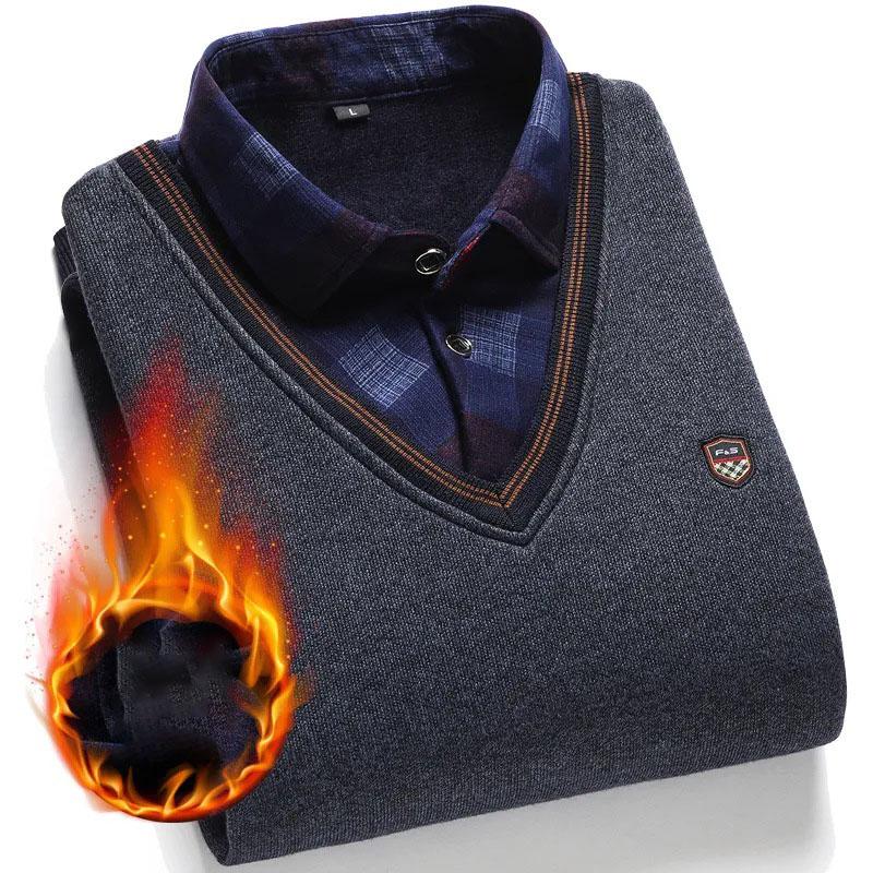 Мужской осенний повседневный свитер из двух частей с воротником-рубашкой из утолщенного бархата