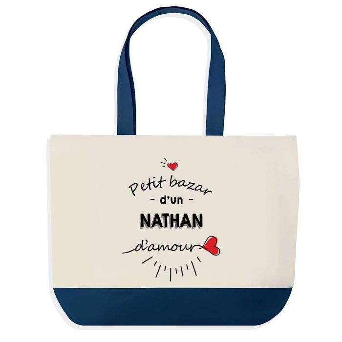 Sac cabas - PLANETEE - Sac shopping fond bleu Bazar d'un Nathan d'amour - Coton 40x45 cm - Grand format - Design graphique