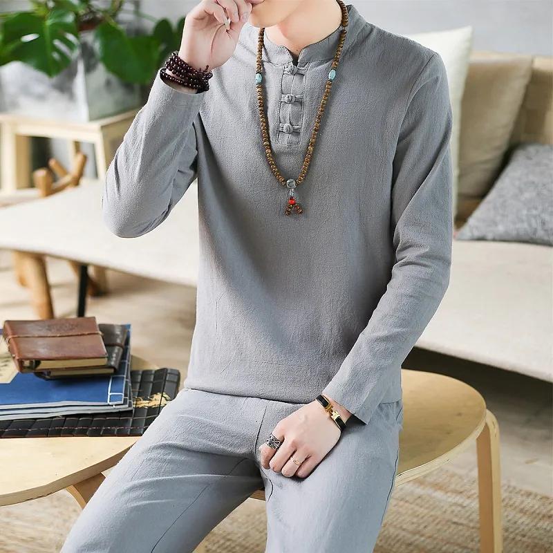 Linen Suit Men's Summer Two-piece Suit Chinese Style Men's Clothes Men's Long-sleeved T-shirt Men's Summer Cotton and Linen Loose