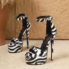 New Fashion Zebra Stripe Super Stiletto High Heels Women Sandals Street Style Buckle Strap Nightclub Prom Shoes