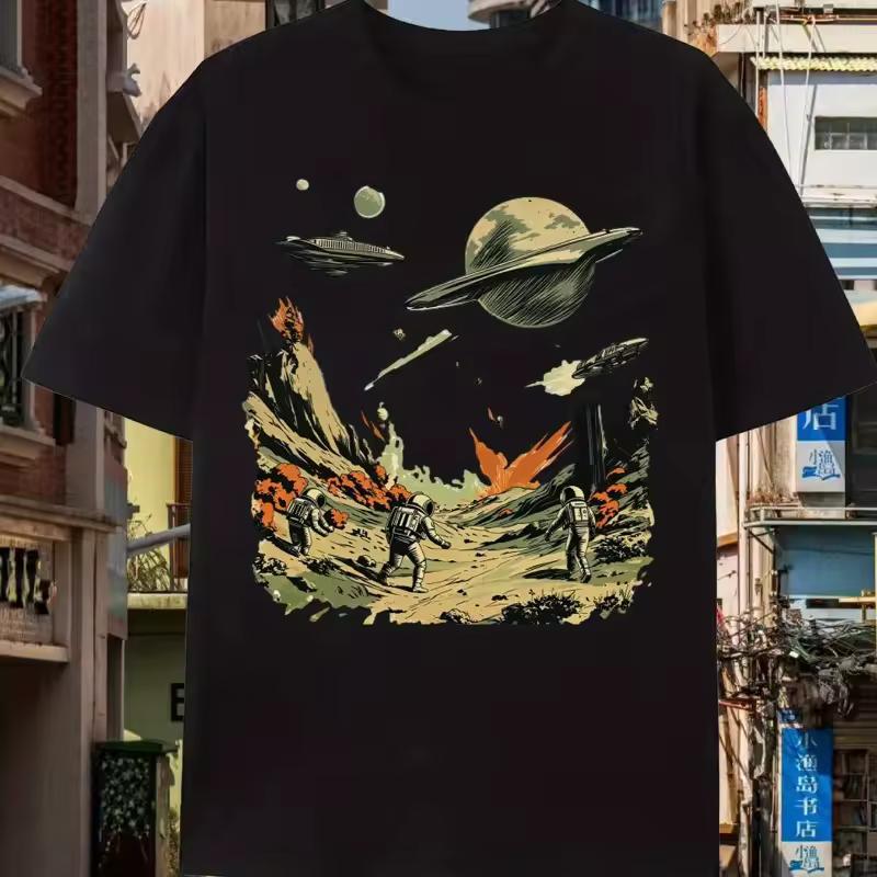 American Street Men's Retro Sci Fi Space Battle T shirt Summer New Casual T shirt