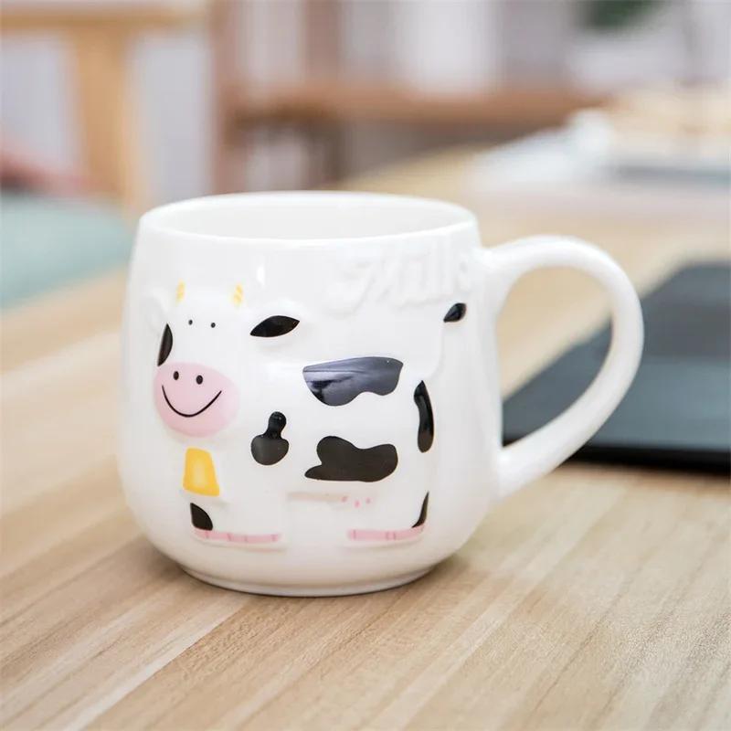 14oz Creative Relief Cow Ceramic Mug Cute Animals Coffee Cups Juice Milk Tea Cup Bottle 3D Animal Mug Breakfast Cups Kids Gift