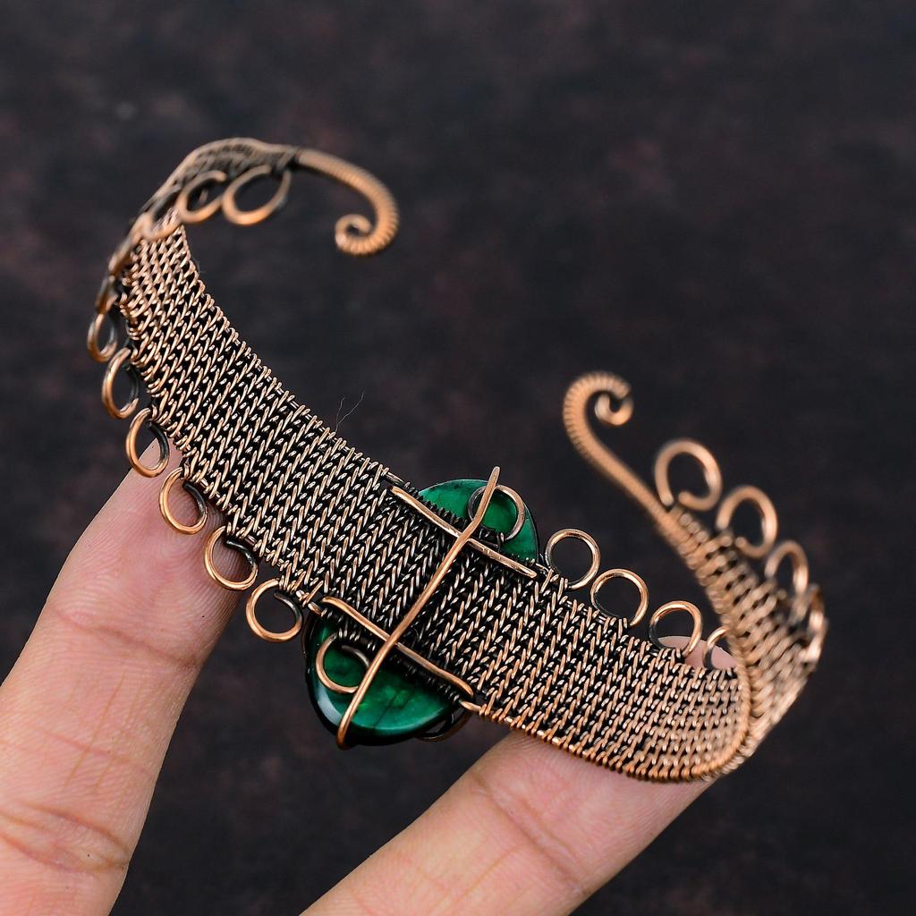 Green Fire Labradorite Cuff Bracelet Copper Wire Wrapped Gemstone Bangle Copper Jewelry Adjustable Cuff For Gift Handmade Wire Wrap Jewelry