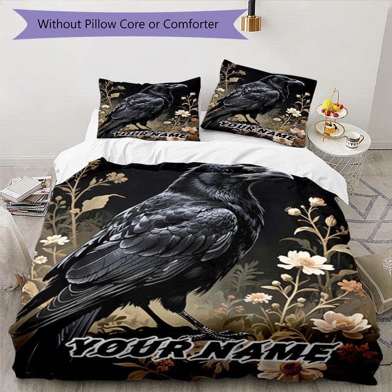 3PC Custom Name Raven Floral Garden Bedding Set Duvet Cover Closure Includes 1 Duvet Cover & 2 Pillowcases for Bedroom
