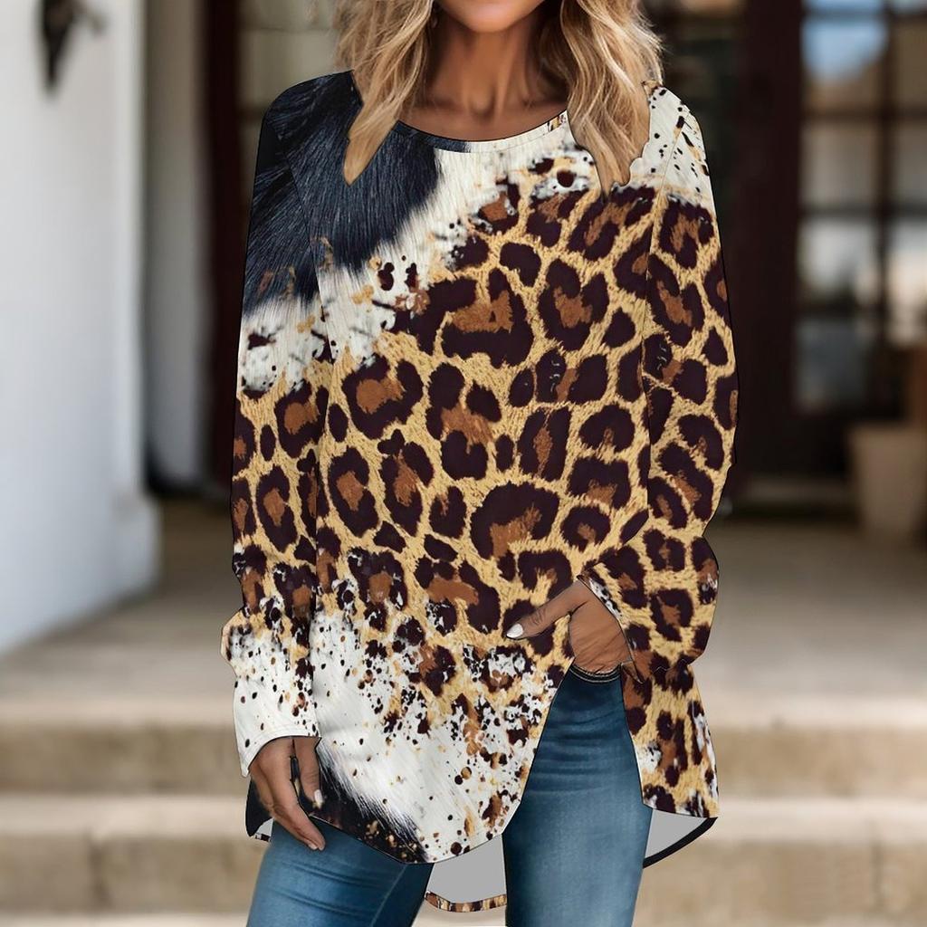 Женская туника с длинным рукавом, топ с принтом, круглый вырез, свободный крой, блузка с карманами, повседневная одежда, женские топы