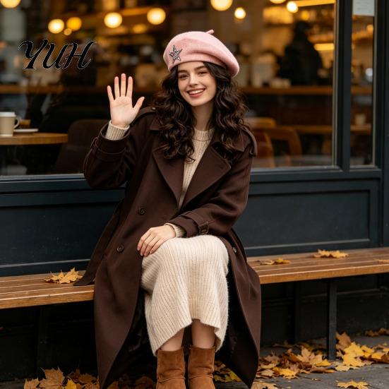 Artist Cap with Rhinestone Star Women Knitted Beret Hat for Fall Winter, French Style Knitting Star, Stretchy Solid Color Elastic