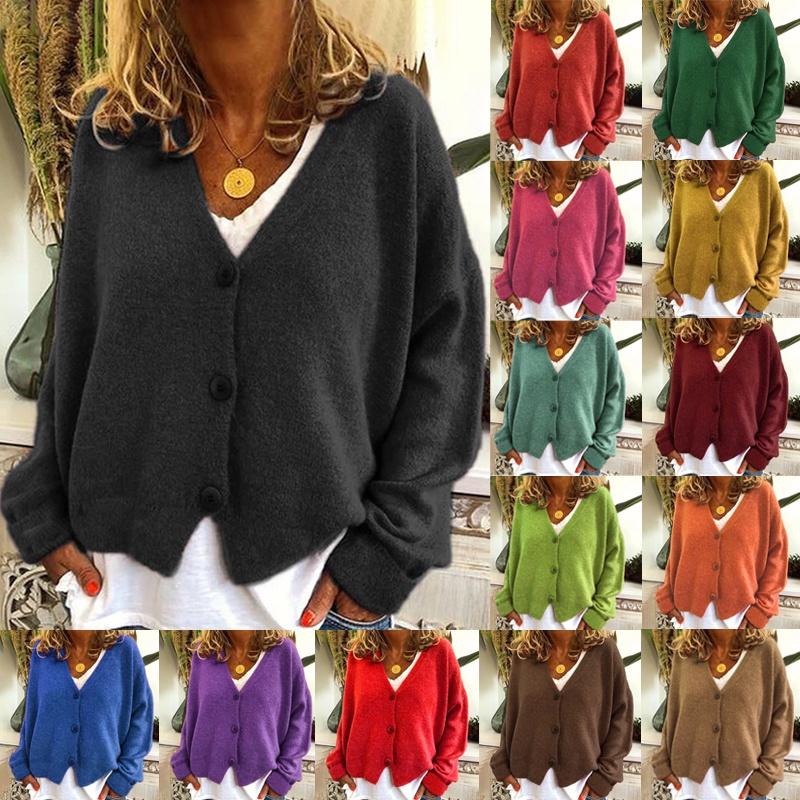 Knitted Womens Plain Coat Cardigan Ladies Button Loose Jumpers Sweater Size Plus