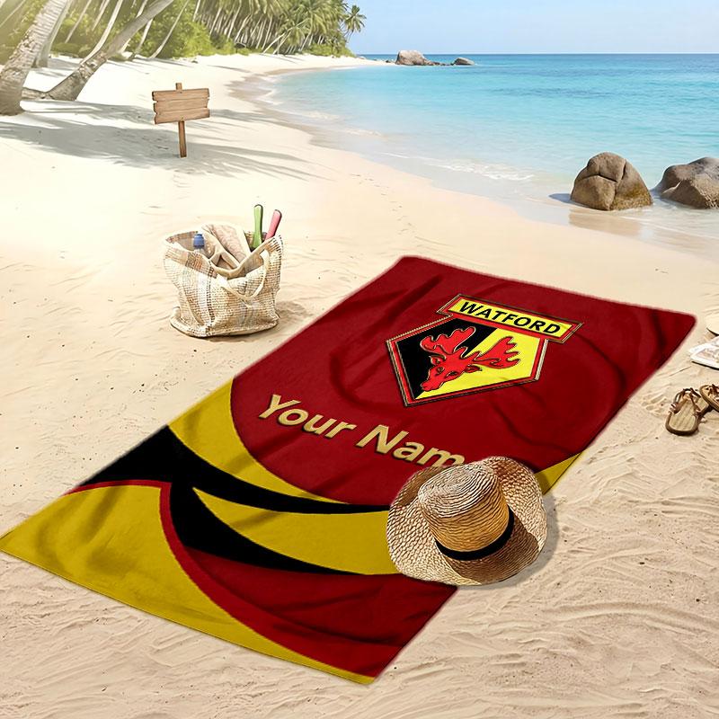 Watford FC Personalized Printed Beach Towel Soccer Logo Support Custom Name Text Absorbent Towel For Sport Travel Special Gift