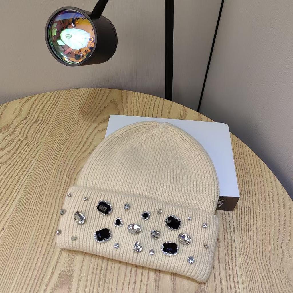 Шерстяная шапка с горным хрусталем в виде кролика для женщин на осень и зиму, белая вязаная шапка для маленького лица, шерстяная шапка для Северо-Востока, теплая шапка