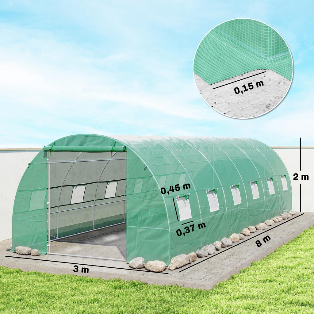 Tunnel Greenhouse 8x3x2 M Garden Greenhouse With 12 Windows And Roll Up Door Steel And PE 140 G M² Green