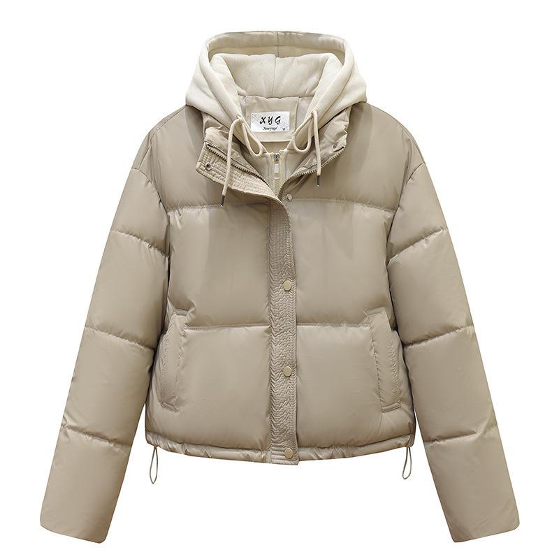 Gefälschte zweifarbige gesteppte Jacke zum Überziehen Winter PU neue gesteppte Jacke kurze verdickte gesteppte Jacke mit Kapuze Brot kleine Jacke