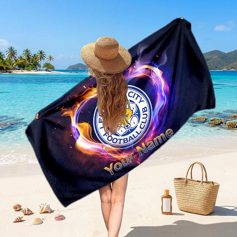 Leicester City Custom Beach Towel, Personalized Name Text Print, Football Logo Soft Quick‑Dry Towel Holiday Gift