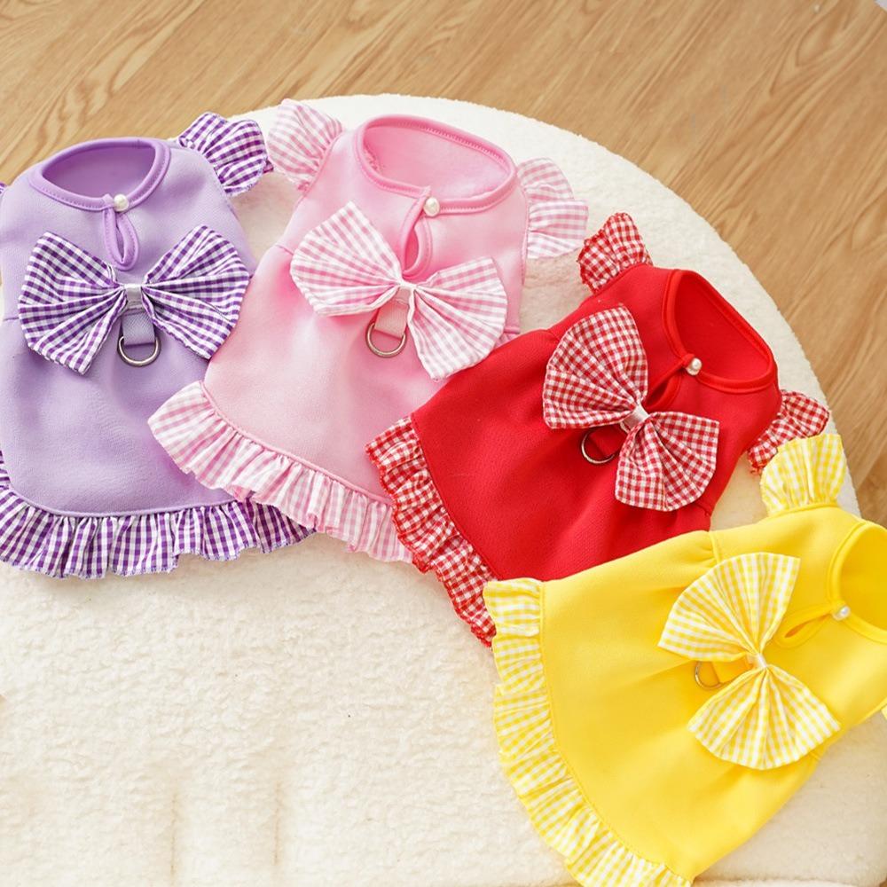 Polyester Summer Dog Skirt Bow Plaid Pet Clothing Trendy Puppy Princess Dress for Cats Kitten