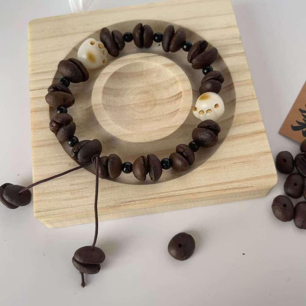 Handmade Natural Real Coffee Bean Bracelet Elastic Sandalwood Coconut Chip Wood Splicing Woven Jewelry Bracelet for Women