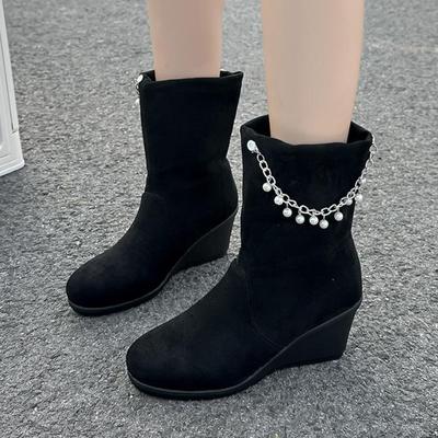 Роскошное украшение жемчужной цепочкой Ботильоны до середины икры Женские Осенние Сексуальные Однотонные Черные Замшевые Ботинки Комфортные Круглый Носок Средний Каблук Ботильоны