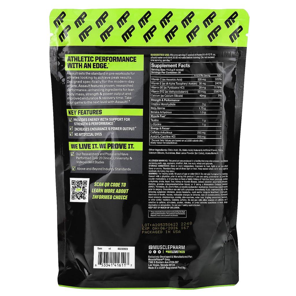 MusclePharm Assault Energy + Strength, Pre-Workout Supplement, Watermelon, 12.1 Oz (344 G)