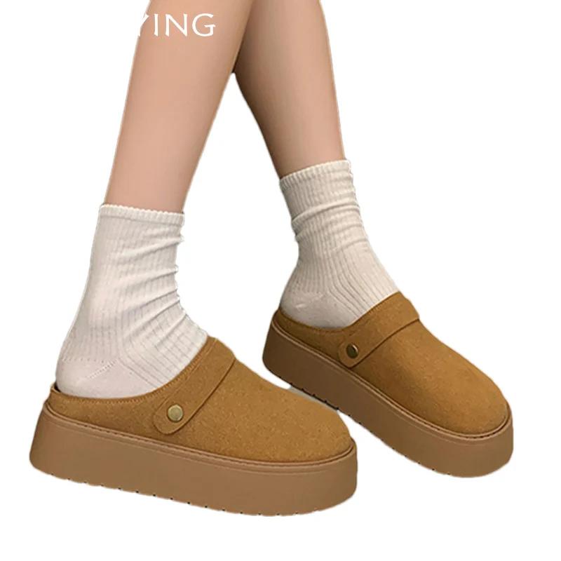Туфли на плоской подошве женские мюли туфли замшевые на платформе новые хлопковые тапочки 2025 тренд короткие плюшевые зимние сапоги для снега домашние уютные женские туфли
