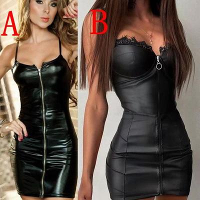 Новое женское модное черное латексное платье без рукавов из искусственной кожи с кружевной молнией и облегающим мини-платьем посылка с v-образным вырезом и v-образным вырезом, платье на груди с запахом, халат, платье размера плюс