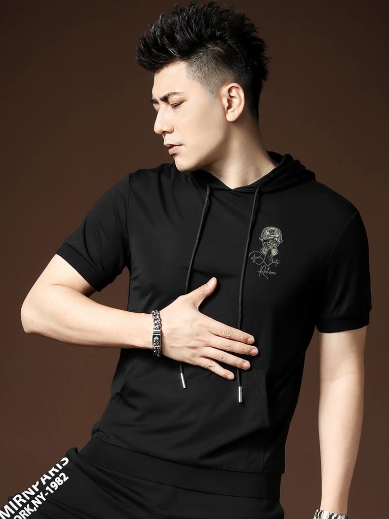Ozhouzhan Men's Blazer Hood Short sleeve T-shirt Summer New Little Buddha Hot Drilling Half Sleeve Hoodie T-shirt
