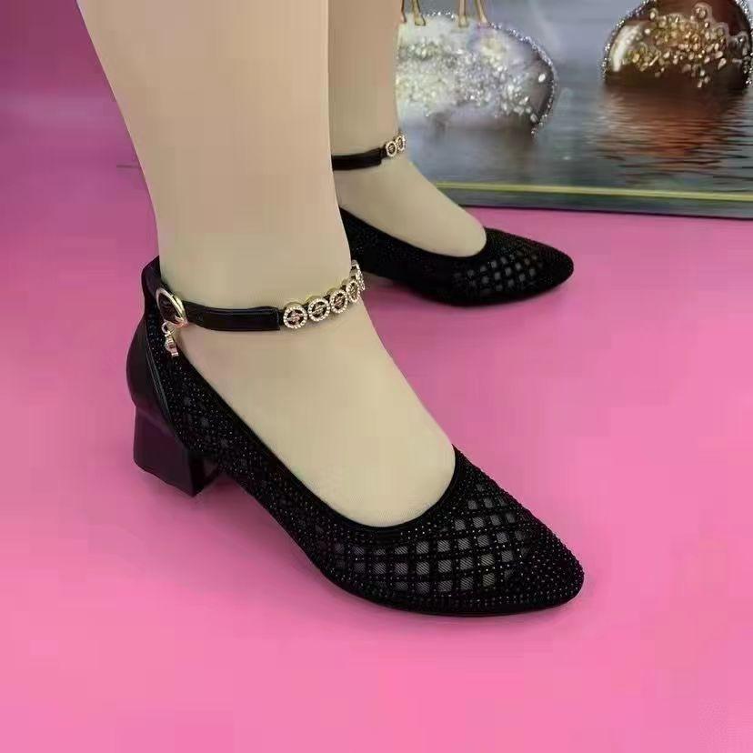 Women's Rhinestone Single Pumps Shoes Ladies Elegant Mesh Hollow Breathable Soft Sole Thick Medium Heel Sandals Loafers