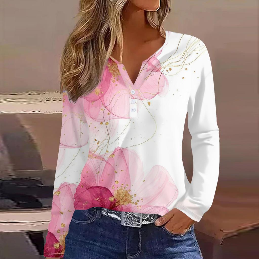 Женская модная повседневная футболка с v-образным вырезом и длинным рукавом с принтом, топ на пуговицах