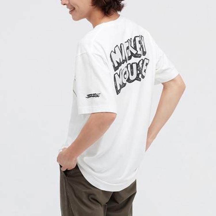 Uniqlo Мужская футболка с принтом Микки Мауса, с круглым вырезом, прямого кроя, Белая 446225-00