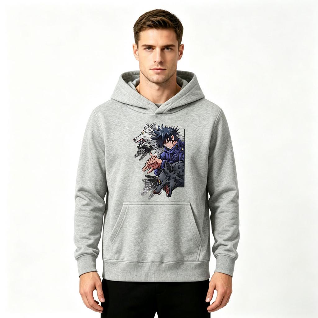 Men Anime Spiky Dark Blue Hair Sorcerer Two Wolves Print Pullover Hoodie Casual Long Sleeve Hooded Sweatshirt